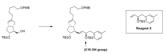 <strong>The stereoselective introduction of the C15 OH group on the w side chain of prostaglandins has presented a challenge for synthetic chemists.Recently,Mulzer and co-workers demonstrated a new route in which the w side chain is synthesized independently and then attached to the bicyclic counterpart.What is the appropriate sequence of reagents for the following synthesis? </strong> A)(1)PBr<sub>3</sub>; (2)Grubbs' catalyst,Reagent X; (3)KOC(CH<sub>3</sub>)<sub>3</sub> B)(1)PCC; (2)Ph<sub>3</sub>P=CH<sub>2</sub>; (3)Grubbs' catalyst,Reagent X C)(1)PBr<sub>3</sub>; (2)Ph<sub>3</sub>P=CH<sub>2</sub>; (3)Grubbs' catalyst,Reagent X D)(1)TsCl,pyridine; (2)Grubbs' catalyst,Reagent X; (3)KOC(CH<sub>3</sub>)<sub>3</sub>