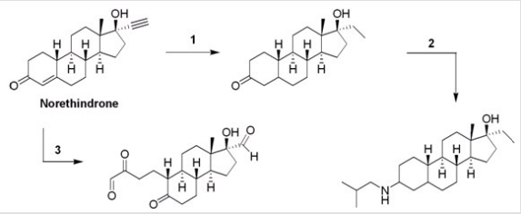 Norethindrone is a synthetic steroid that is better than progesterone in suppressing ovulation.What reagents (1-3)are required to convert norethindrone to the derivatives shown below?