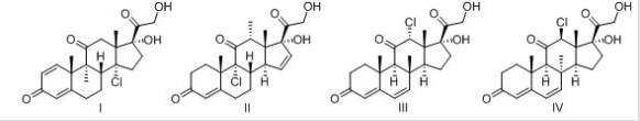 <strong>What is the structure of a cortisone derivative that has a C=C between C6 and C7,methyl group at C8 and chlorine at C12? The configuration of C8 is S and the configuration at C12 is R. </strong> A)I B)II C)III D)IV