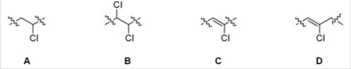 <strong>Which of the following is the repeating unit in polyvinyl chloride (PVC)? </strong> A)A B)B C)C D)D