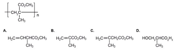 <strong>The repeating unit of poly(methyl methacrylate)is shown below.Which one of the following is the monomer used to make poly(methyl methacrylate)? </strong> A)A B)B C)C D)D