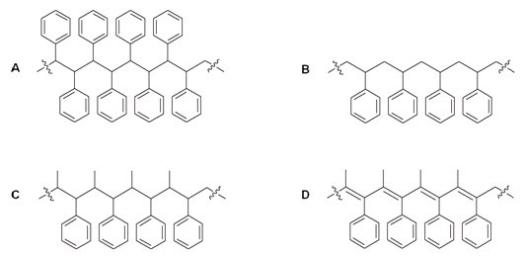 <strong>What is the structure of the polymer which results when styrene is reacted with BF<sub>3</sub> and H<sub>2</sub>O? </strong> A)A B)B C)C D)D