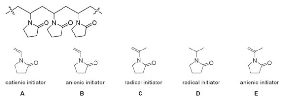 <strong>Which monomer and which type of initiator would you use to synthesize the following polymer? </strong> A)A B)B C)C D)D E)E