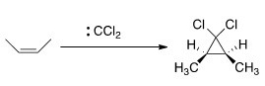 As shown below,when cis-2-butene reacts with dichlorocarbene,only the cis-1,1-dichloro-2,3-dimethylcyclopropane is formed.What can we conclude about the nature of the reaction mechanism?