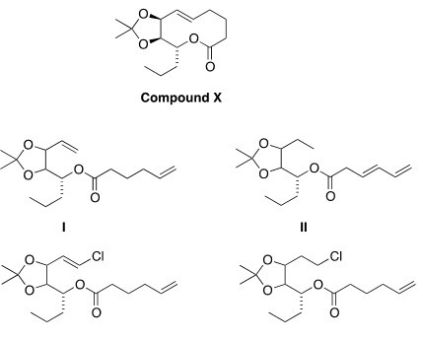 <strong>Compound X can be synthesized via a ring-closing metathesis reaction when treated with a Grubbs' catalyst.What is a possible structure of the starting material for this reaction? </strong> A)I B)II C)III D)IV