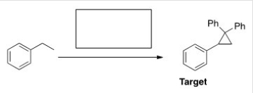 <strong>What is the appropriate sequence of reagents that will produce the target molecule shown below from ethylbenzene? </strong> A)(1)HBr,H<sub>2</sub>O<sub>2</sub>; (2)KOC(CH<sub>3</sub>)<sub>3</sub> ; (3)MCPBA; (4)CH<sub>2</sub>=CPh<sub>2</sub> B)(1)NBS,hn ; (2)KOC(CH<sub>3</sub>)<sub>3</sub> ; (3)CHBr<sub>3</sub>,KO(CH<sub>3</sub>)<sub>3</sub> ; (4)a.LiCuPh<sub>2</sub>,b.H<sub>2</sub>O C)(1)H<sub>2</sub>SO<sub>4</sub>(aq.),D ; (2)MCPBA; (3)CHBr<sub>3</sub>,KO(CH<sub>3</sub>)<sub>3</sub> ; (4)CH<sub>2</sub>=CPh<sub>2</sub> D)(1)Br<sub>2</sub>,FeBr<sub>3</sub> ; (2)MCPBA; (3)CHBr<sub>3</sub>,KO(CH<sub>3</sub>)<sub>3</sub> ; (4)Ph<sub>2</sub>COCl