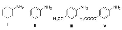 <strong>Rank the following compounds in order of decreasing basicity,putting the most basic compound first. </strong> A)II > I > III > IV B)I > II > III > IV C)I > III > II > IV D)IV > II > III > I