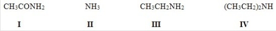 <strong>Rank the following compounds in order of increasing basicity,putting the least basic first. </strong> A)II < III < IV < I B)I < II < III < IV C)IV < III < II < I D)II < I < III < IV