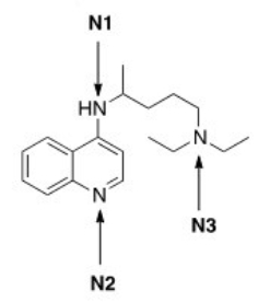<strong>Rank the nitrogen atoms in chloroquine,shown below,in order of decreasing basicity,putting the most basic nitrogen atom first. </strong> A)N1 > N2 > N3 B)N2 > N1 > N3 C)N3 > N2 > N1 D)N3 > N1 > N2