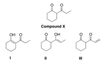 <strong>Which of the following compounds is an enol of compound X drawn below? </strong> A)Only I B)Only II C)Only III D)Only I and II