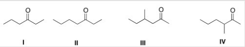 <strong>Treatment of 2-hexanone with NaOCH<sub>2</sub>CH<sub>3</sub> followed by CH<sub>3</sub>Br affords compound X (C<sub>7</sub>H<sub>14</sub>O)as the major product.X shows a strong absorption in the IR spectrum at 1713 cm<sup>-1</sup>,and its <sup>1</sup>H NMR data is given below.What is the structure of X? </strong> A)I B)II C)III D)IV