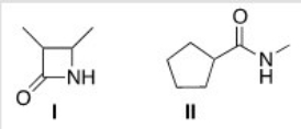 <strong>Which of the following two amides will react more readily with a nucleophile? Why? </strong> A)I,because it is less hindered B)II,because it is less hindered C)I,because it is more strained D)II,because it is more strained