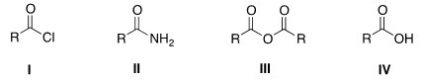 <strong>Which of the following substrates cannot be used as an immediate precursor to synthesize an ester? </strong> A)I B)II C)III D)IV