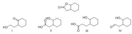 <strong>What is the product formed by hydrolysis of the following lactone with acid? </strong> A)I B)II C)III D)IV