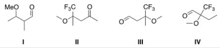 <strong>What is the structure of 2-trifluoromethyl-2-methoxybutanal? </strong> A)I B)II C)III D)IV