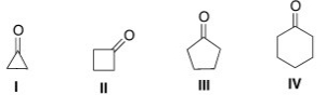<strong>Which of the following will have the highest wave number for the carbonyl stretch in the IR spectrum? </strong> A)I B)II C)III D)IV