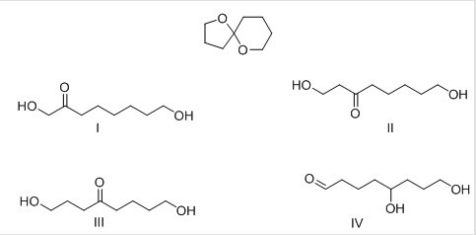 <strong>What product is formed when the following acetal is hydrolyzed with aqueous acid? </strong> A)I B)II C)III D)IV