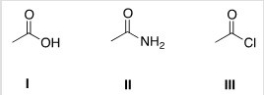 <strong>Rank the following compounds in order of increasing reactivity in nucleophilic acyl substitution reactions,starting with the least reactive compound. </strong> A)III < II < I B)II < III < I C)III < I < II D)II < I < III