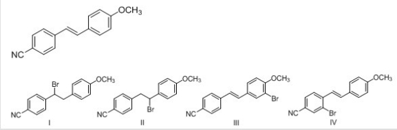 <strong>What is the major product of electrophilic addition of HBr to the following alkene? </strong> A)I B)II C)III D)IV
