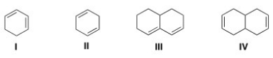 <strong>Which of the following dienes contain conjugated double bonds? </strong> A)Only I and II B)Only II and III C)Only I and III D)Only II and IV