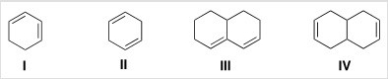 <strong>Which of the following dienes contain isolated double bonds? </strong> A)Only I and II B)Only II and III C)Only I and III D)Only II and IV