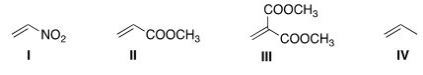 <strong>Which of the following compounds is the most reactive dienophile in a Diels-Alder reaction? </strong> A)I B)II C)III D)IV