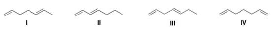 <strong>Which of the following compound absorbs UV light at the longest wavelength? </strong> A)I B)II C)III D)IV