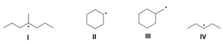 <strong>Which of the following compounds contain secondary (2°)radical carbons? </strong> A)Only I B)Only II C)Only III D)Only II and IV