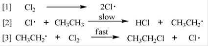 <strong>A possible reaction of ethane with chlorine is shown below.   This reaction could conceivably occur by the following chain mechanisms [1],[2],and [3].The chain propagating step(s)is (are)________.  </strong> A)Only [1] and [2] B)Only [2] and [3] C)Only [1] and [3] D)Only [3] <div style=padding-top: 35px> 