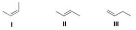 <strong>Rank the following alkenes in order of decreasing heat of hydrogenation. </strong> A)I > II > III B)III > I > II C)II > I > III D)III > II > I