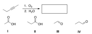 <strong>Which of the following is (are)formed by ozonolysis of the following alkyne? </strong> A)Only I and II B)Only III and IV C)Only I and IV D)Only II and III