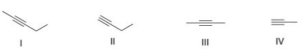 <strong>Which of the following represents an internal alkyne?  </strong> A)Only I and II B)Only I and III C)Only II and IV D)Only II and III <div style=padding-top: 35px> 