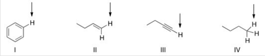 <strong>Which of the indicated hydrogen in the following compounds is the least acidic?  </strong> A)I B)II C)III D)IV <div style=padding-top: 35px> 
