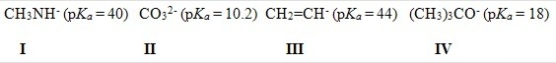 <strong>Which of the following bases can deprotonate acetylene? You are given the pK<sub>a</sub> values of the conjugate acids in parentheses.  </strong> A)Only I and II B)Only I and III C)Only II and III D)Only II and IV <div style=padding-top: 35px> 