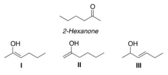 <strong>Which of the following compounds is a tautomer of 2-hexanone?  </strong> A)Only I and II B)Only I and III C)Only II and III D)I,II,and III <div style=padding-top: 35px> 