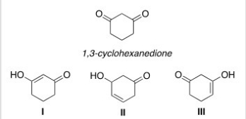<strong>Which of the following compounds can be an enol tautomer of 1,3-cyclohexandione?  </strong> A)Only I and II B)Only I and III C)Only II and III D)I,II,and III <div style=padding-top: 35px> 