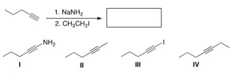 <strong>What is the major organic product of the following reaction?  </strong> A)I B)II C)III D)IV <div style=padding-top: 35px> 