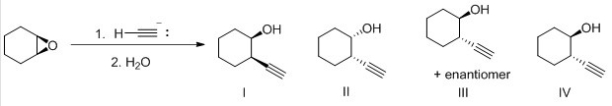 <strong>What is the major product of the following reaction?  </strong> A)I B)II C)III D)IV <div style=padding-top: 35px> 
