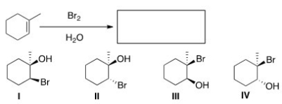 <strong>What is the major product obtained from the following reaction (assume enantiomer is also formed)?  </strong> A)I B)II C)III D)IV <div style=padding-top: 35px> 