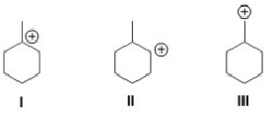 <strong>Rank the carbocation in order of increasing stability,putting the least stable first.  </strong> A)III < I < II B)III < II < I C)I < II < III D)I < III < II <div style=padding-top: 35px> 