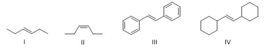 <strong>Which alkene reacts fastest with HBr?  </strong> A)I B)II C)III D)IV <div style=padding-top: 35px> 