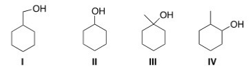<strong>Which of the following alcohols reacts the fastest with HCl to give the corresponding alkyl halide? </strong> A)I B)II C)III D)IV