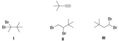 <strong>Which of the following is the dihalide that can be used to prepare the alkyne below? </strong> A)I and II B)II and III C)I and III D)I,II,and III