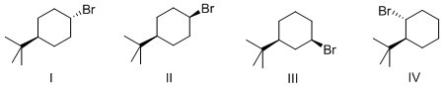 <strong>Which of the following alkyl halide reacts the fastest in an E2 reaction? </strong> A)I B)II C)III D)IV