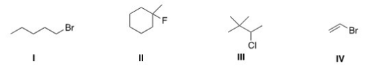 <strong>Which of the following alkyl halides is a primary alkyl halide? </strong> A)I B)II C)III D)IV