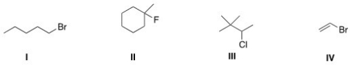 <strong>Which of the following alkyl halides is a vinyl alkyl halide? </strong> A)I B)II C)III D)IV