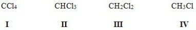 <strong>Rank the following halides in order of decreasing polarity,putting the most polar first. </strong> A)II > IV > I > III B)IV > II > I > III C)I > II > III > IV D)IV > III > II > I
