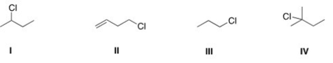 <strong>Which of the following alkyl halides will react fastest with CH<sub>3</sub>OH in an S<sub>N</sub>1 mechanism? </strong> A)I B)II C)III D)IV