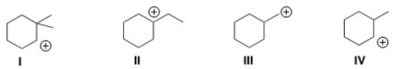 <strong>Which of the following carbocations is the most stable? </strong> A)I B)II C)III D)IV