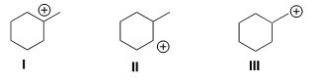 <strong>Rank the following carbocations in order of decreasing stability,putting the most stable first. </strong> A)I > II > III B)II > I > III C)III > I > II D)III > II > I